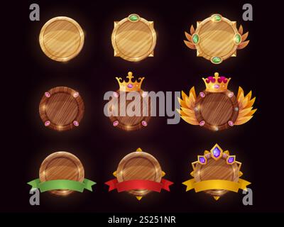 Rangordnung der Holzschilde. Spiel Rang Holz braune Abzeichen, Benutzer Avatar Rahmen für Bonus Trophäe Level Leistung mittelalterlichen Schild oder Knopf Gamer Sieg, ui Swanky Vektor Illustration Original Artwork Stock Vektor