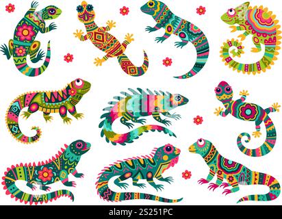 Mexikanische Eidechsen. Bunte Eidechse ethnische Ornament mexiko Volkskunst Haut, lustiger Geckos Chamäleon Leguan exotisches Reptil Haustier, Zicklein Zeichnung Wildtier Maskottchen Set aufgeräumte Vektor Illustration Original Kunstwerk Stock Vektor