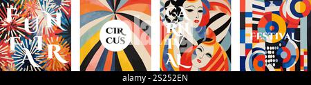 Karneval und Jahrmarkt kreative Retro-Kunst quadratisches Banner-Set. Circus and Festival Vintage Typografie Design Kollektion. Plakat mit Text auf farbenfrohem abstraktem Muster. Moderne, trendige EPS-Abdeckung Stock Vektor