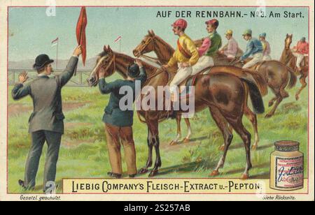 Bilderserie auf der Rennstrecke, am Start, Liebigbild, digital restaurierte Wiedergabe eines Sammlerbildes aus der Zeit um 1900, gemeinfreie, genaues Datum unbekannt, Jockeys reiten Pferde zum Startpunkt, ein Mann hält eine Flagge hoch, Bilderserie auf der Rennbahn, am Start, digital restaurierte Reproduktion eines Sammelbildes von CA 1900, gemeinfrei, genaues Datum unbekannt, Jockeys reiten Pferde zum Startpunkt, ein Mann hält eine Flagge hoch Stockfoto