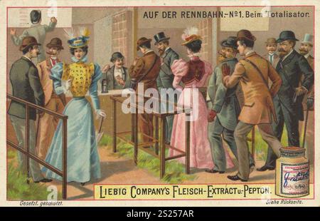 Bilderserie auf der Rennstrecke, am Totalisator, Wettbüro, Liebigbild, digital restaurierte Nachbildung einer Handelskarte von ca. 1900, gemeinfreie, genaues Datum unbekannt, elegante Damen und Herren versammeln sich bei einem Wettbüro auf der Rennbahn, Bilderserie auf der Rennbahn, beim Totalisator, Wettbüro, digital restaurierte Reproduktion eines Sammelbildes von ca 1900, gemeinfrei, genaues Datum unbekannt, Elegante Damen und Herren versammeln sich bei einem Wettbüro Stockfoto