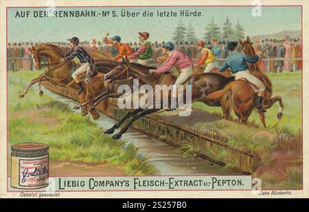 Bilderserie auf der Rennstrecke, über die letzte Hürde, Liebigbild, digital restaurierte Reproduktion 1900 eines Sammelbildes von CA, gemeinfrei, genaues Datum unbekannt, Jockeys und Pferde überwinden schnell eine Hürde in einem spannenden Rennen, Bilderserie auf der Rennbahn, über die letzte Hürde, digital restaurierte Reproduktion eines Sammelbildes von CA 1900, gemeinfrei, genaues Datum unbekannt, Jockeys und Pferde überwinden schnell eine Hürde bei einem aufregenden Rennen Stockfoto