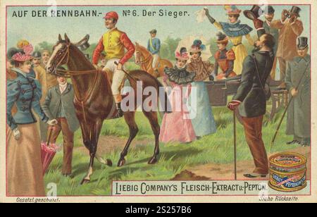 Bilderserie auf der Rennstrecke, der Sieger, Liebigbild, digital restaurierte Wiedergabe eines Sammlerbildes aus der Zeit um 1900, gemeinfreies Datum unbekannt, Ein siegreicher Jockey reitet sein Pferd unter Applaus einer feiernden Menge, Bilderserie auf der Rennbahn, der Sieger, digital restaurierte Reproduktion eines Sammelbildes von CA 1900, gemeinfrei, genaues Datum unbekannt, ein siegreicher Jockey reitet Pferd unter Applaus einer feiernden Menge Stockfoto