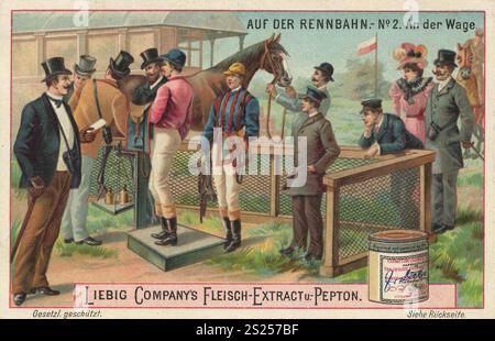 Bilderserie auf der Rennstrecke, auf der Waage, Liebigbild, digital restaurierte Wiedergabe eines Sammlerbildes von ca. 1900, gemeinfreie, genaues Datum unbekannt, Männer in eleganter Kleidung beobachten Jockeys und Pferde auf einer Wettplattform, Bilderserie auf der Rennbahn, an der Waage, digital restaurierte Reproduktion eines Sammelbildes von ca. 1900, gemeinfrei, genaues Datum unbekannt, Männer in eleganter Kleidung beobachten Jockeys und Pferd auf einer Wettplattform Stockfoto