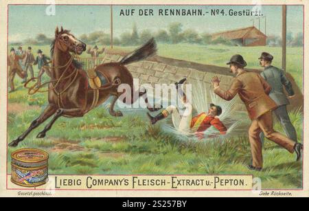 Bilderserie auf der Rennstrecke, der Fahrer wird abgeworfen und landet im Graben, Liebigbild, digital restaurierte Wiedergabe eines Sammlerbildes aus der Zeit um 1900, gemeinfreies Datum unbekannt, Ein Jockey fällt während eines Rennens in einen Graben, während Zuschauer beobachten, Bilderserie auf der Rennbahn, der Reiter wird abgeworfen und landet im Wassergraben, digital restaurierte Reproduktion eines Sammelbildes von ca 1900, gemeinfrei, genaues Datum unbekannt, ein Jockey bei Rennen Stockfoto