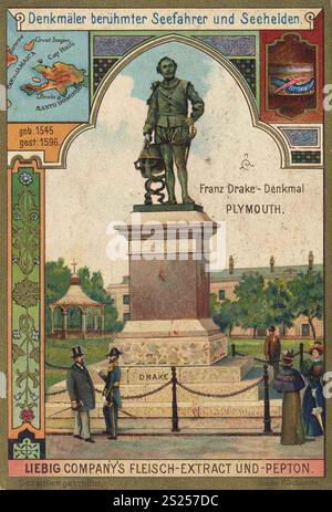 Denkmäler berühmter Seeleute und Helden des Meeres, Franz Drake Denkmal in Plymouth, Liebigbild, digital restaurierte Reproduktion eines Sammlerbildes aus der Zeit um 1900, öffentlich, exaktes Datum unbekannt, Denkmal von Franz Drake in Plymouth, umgeben von historischer Umgebung und Besuchern, Serie Denkmäler berühmter Seefahrer und Seehelden, Franz Drake Denkmal in Plymouth, digital restaurierte Reproduktion eines Sammelbildes von ca. 1900, gemeinfrei, Plymouth, Plymouth, Plymouth, Plymouth, Plymouth, Plymouth, Plymouth, Plymouth, Plymouth Denkmal von historisches Denkmal in Umgebung Stockfoto