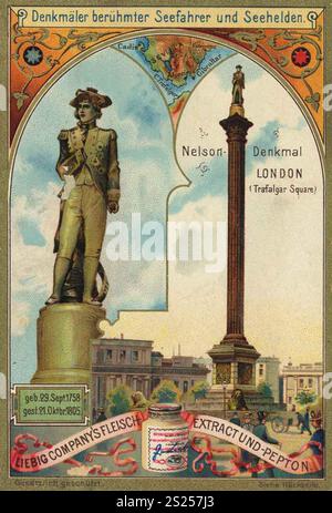 Denkmäler berühmter Seefahrer und Seehelden, Nelson Monument in London, Liebigbild, digital restaurierte Reproduktion 1900 eines Sammelbildes von CA, gemeinfrei, genaues Datum unbekannt, Nelson Monument in London mit umgebender Architektur und historischem Kontext, Serie Denkmäler berühmter Seefahrer und Seehelden, Nelson Denkmal in London, digital restaurierte Reproduktion eines Sammelbildes von CA 1900, gemeinfrei, genaues Datum unbekannt, Nelson-Denkmal in London mit umgebender Architektur und historischem Kontext Stockfoto