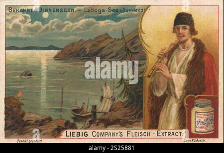 Bilderserie berühmter Binnensee mit Einheimischen, Lago Ladoga in Russland, Liebigbild, digital restaurierte Reproduktion eines Sammelbildes aus der Zeit um 1900, gemeinfreies Datum unbekannt, ein Mann mit Flöte vor atmosphärisch beleuchteter Landschaft am Ladogasee, Bilderserie bekannter Binnensee mit einheimischer, Ladogasee in Russland, digital restaurierte Reproduktion eines Sammelbildes von CA 1900, gemeinbekannt, genaues Datum unbekannt, ein Mann mit Flöte vor stimmungsvoll Landschaft Stockfoto