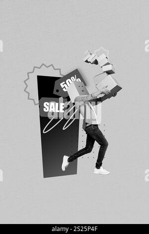 Kreatives 3D-Fotokunstwerk Grafikmalerei eines lustigen, flippigen Kerls, der in der Hand herumläuft und Kisten stapelt, isolierten Zeichnungshintergrund Stockfoto