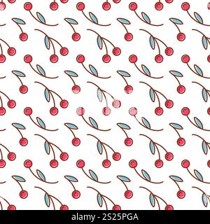 Ein bezauberndes, nahtloses Muster mit niedlichen Kirschkritzeleien, raffinierten Details und leuchtenden Farben. Perfekt für Textilien, Tapeten und Stock Vektor