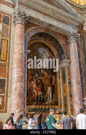 Die letzte Kommunion des hl. Jerome von Domenichino im Petersdom, Vatikanstadt, Rom, Italien. Stockfoto