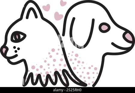 Hunde- und Katzenmaulenzen in Profilen, schwarzes Linienzeichen mit rosa Elementen, einfaches Vektorpiktogramm, Umrissillustration Stock Vektor