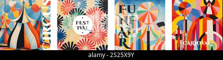 Circus und Karneval kreative Retro-Kunst quadratisches Banner-Set. Festival und Funfair Vintage Typografie Design Kollektion. Text für Weihnachtsaktion auf farbenfrohem Flyer mit abstraktem Muster. Moderne, trendige Abdeckung Stock Vektor