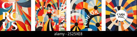 Karneval und Fiesta kreative Retro-Kunst quadratisches Banner-Set. Festival und Funfair Vintage Typografie Design Kollektion. Werbeflyer für Feiertage mit farbenfrohem abstraktem Muster. Moderne, trendige Abdeckung Stock Vektor