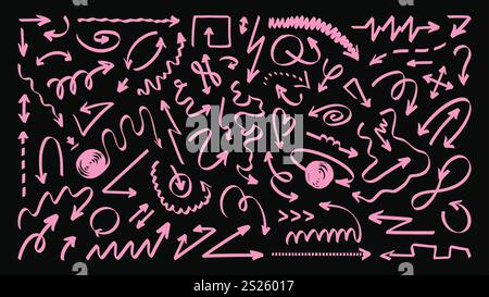 Ein großer Satz handgezeichneter rosafarbener Kritzelpfeile auf dunklem Hintergrund Stock Vektor