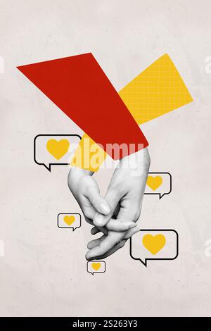 Vertikale Collage Poster Hände halten sich gegenseitig Liebende Paar Beziehung Textbox Nachricht Bloggen wie Feedback Sympathie Stockfoto
