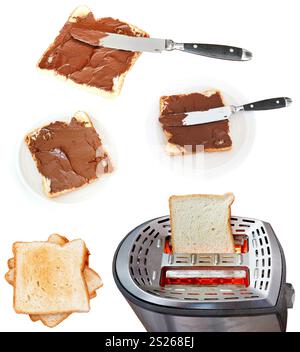 süße Brötchen - Toast mit Haselnuss und Nutella und Toaster isoliert auf weißem Hintergrund Stockfoto