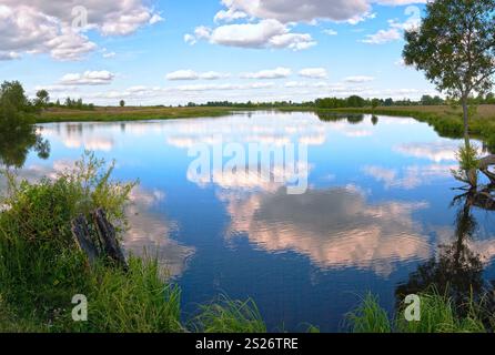 Sommerabend rushy Panorama-Seeblick mit Wolken Reflexionen. Stockfoto