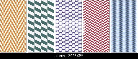 Set aus 5 farbenfrohen abstrakten geometrischen Mustern mit quadratischen und Fischgrätenmustern Stock Vektor