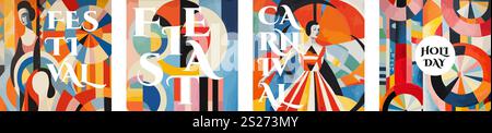 Karneval und Festival kreative Retro-Kunst quadratisches Banner-Set. Fiesta- und Holiday-Typografie-Designs im Vintage-Stil. Promo-Flyer mit Inschrift auf farbenfrohem abstraktem Muster. Moderne, trendige Abdeckung. Eps Stock Vektor
