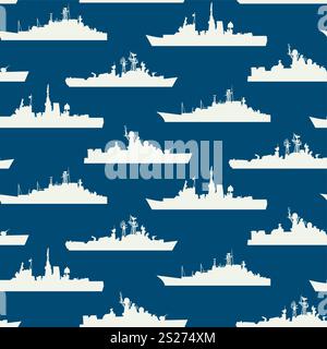 Marine Marine, Flotte Marine Cutter Vektor nahtlose Muster. Ozeanwiederholung Illustration mit weißen Schiffssilhouetten auf blauem Hintergrund Stock Vektor