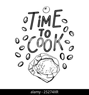 Kochphase mit Abbildungen der Lebensmittelzutaten. Vektor-Chef-Text für Kochkurs Grafikdesign, Banner, Poster, Flyer Stock Vektor