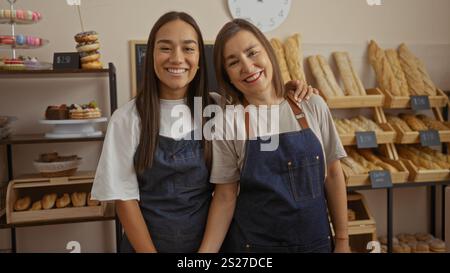 Bäckerinnen lächeln zusammen in einem Bäckereiladen, der mit frischem Brot und Gebäck gefüllt ist und ihre frisch gebackenen Waren präsentiert. Stockfoto