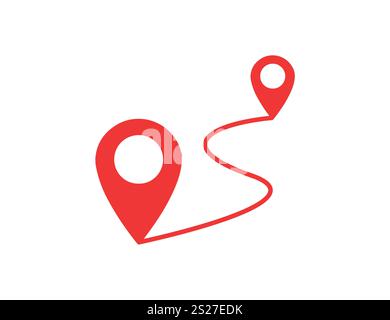 Symbol „Route“ zwischen zwei Punkten mit gepunktetem Pfad und Positionsstift. Zeiger mit durchgehender Linie. GPS-Navigationslinie Routenmarkierung. Stock Vektor