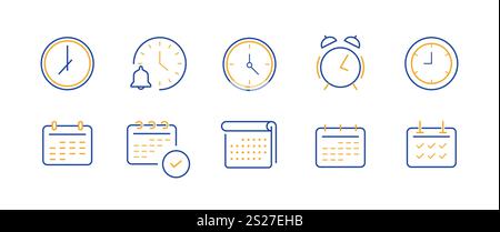Zeit, Datum und Adresse Konzept bearbeitbare Kontur Umrisssymbole isoliert auf weißem Hintergrund flache Vektorillustration gesetzt. Stock Vektor