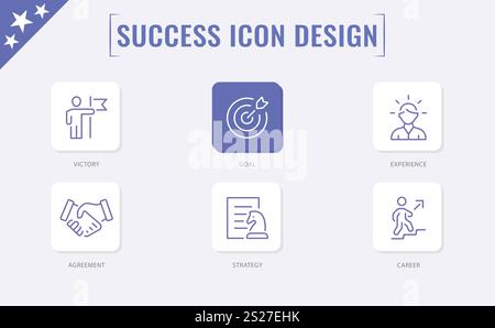 Symbolgruppe "Erfolg". Ziele, erfolgreiche Geschäftsentwicklung, Prozess. Vektorabbildung. Stock Vektor
