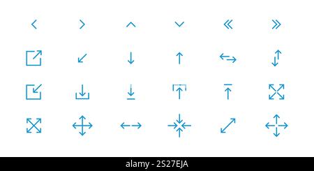 Symbolpaket für lineare Pfeile. Vektor dünne Linie Rechtspfeil, Minimieren, rechts drehen, diagonaler Pfeil, nach oben und unten, nach links und rechts, Anmeldung, Referenzen Stock Vektor
