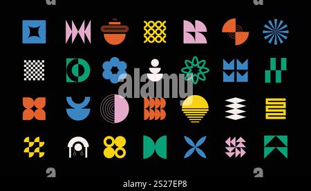 Brutalistische abstrakte geometrische Formen und Raster. Brutale zeitgenössische Figur Stern ovale Spiralblume und andere primitive Elemente. Schweizer Designästhetik Stock Vektor