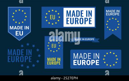 Made in Europe Icon, Made in EU Icon, Produkt der Europäischen Union, Made in EU Emblem, Made in EU Emblem, isoliertes Logo Vektorsymbolaufkleber Stock Vektor