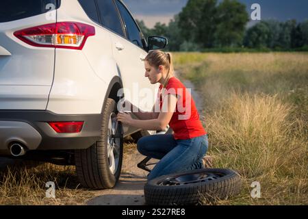 Eine junge Frau wechselt das Autorad auf der Landstraße, die durch das Feld geht Stockfoto