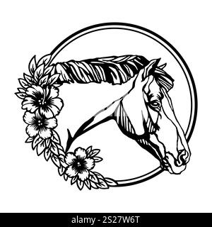 Pferdekopf mit Blumen in einer runden Form Vektor-Illustration Stock Vektor