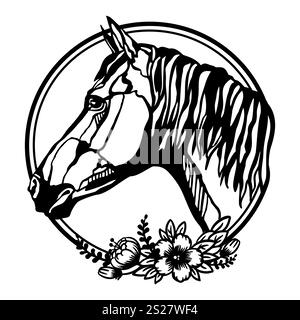 Pferdekopf mit Blumen in einer kreisförmigen Vektorillustration Stock Vektor