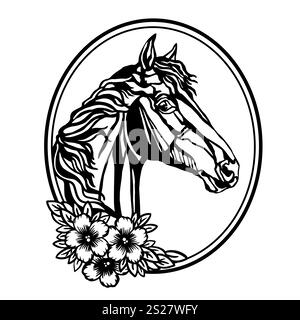 Pferdekopf mit langer Mähne und Blumen-Vektor-Illustration Stock Vektor