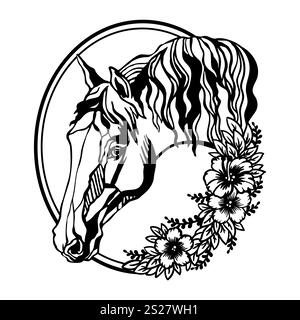 Pferdekopf mit Blumen in ovaler Form Vektorillustration Stock Vektor