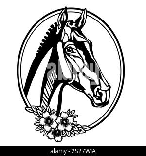 Pferdekopf mit Blumen in einer ovalen Vektorillustration Stock Vektor