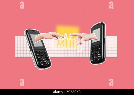 Trendkunstwerk kreative Skizze 3D-Foto-Collage von Ai Cyberspace Assistant Online Vintage Handy Silhouette Hände erscheinen Touch Connect Stockfoto
