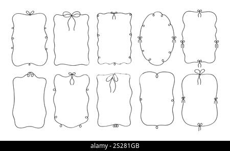 Set aus eleganten, skurrilen, handgezeichneten Rahmen mit gewellten, kniffligen und lockigen Bändern mit Schleifen im Vintage- und Retro-Stil. Stock Vektor