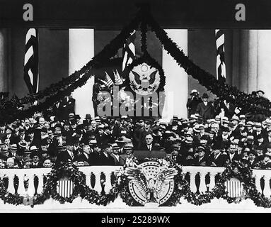 US-Präsident Franklin D. Roosevelt hält erste Antrittsrede, Washington, D.C., USA, Franklin D. Roosevelt Presidential Library & Museum, 4. März 1933 Stockfoto