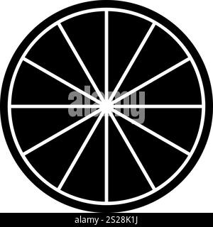 Schwarzer Kreis unterteilt in 12 gleiche Sektoren, isoliert auf weißem Hintergrund. Runde Formen, die in zwölf Scheiben geschnitten werden. Einfaches Kreisdiagramm, Statistikrad, Business-Kuchen- oder Pizzakarte. Vektorabbildung. Stock Vektor