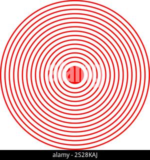 Rote konzentrische Kreise. Symbol für Vibration, Strahlung, Abdeckung oder Lokalisierung. Symbol für Wunde oder Entzündung. Schmerz, Puls oder Schmerzzeichen. Schockwellen-, Radar- oder Tonsignalpiktogramm. Vektorabbildung. Stock Vektor
