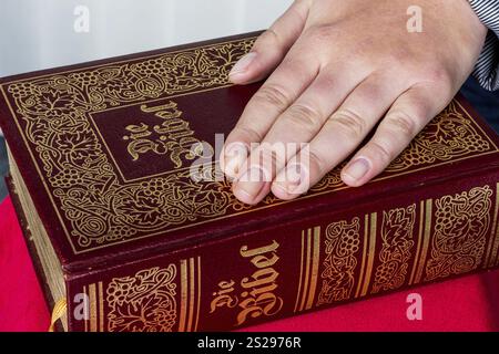 Eine Frau sagt als Zeugin in einem Gerichtsverfahren aus. Sie ist vereidigt und schwört auf die Bibel. Österreich Stockfoto