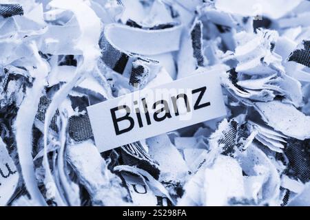 Papierschredder mit Schlüsselwort Bilanz, symbolischem Foto für Datenvernichtung, Bilanzierung und wirtschaftliche Analyse Österreich Stockfoto
