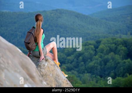 Junge Wanderer, die allein auf einem felsigen Berg sitzt und auf dem Wildnispfad den Blick auf die Natur des Sommers genießt. Aktives Lebenskonzept Stockfoto