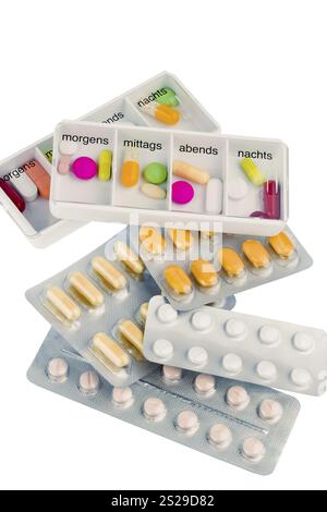 Tablettenspender, Symbolfoto für Therapie, Verordnung und Dosierung Stockfoto