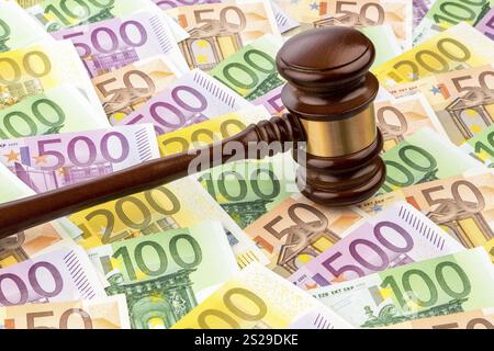 Richterhammer und Euro-Banknoten. Symbolfoto für Kosten vor Gericht, Rechtsstaatlichkeit und Auktionen Stockfoto