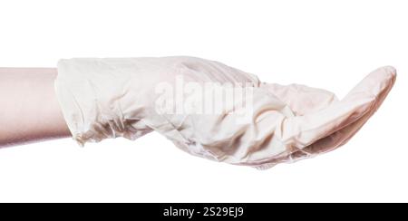 Seitenansicht des leeren Handvoll in Palm in Latex Handschuh auf weißem Hintergrund Stockfoto